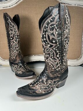 J.B. Dillon Black Distressed Cowboy Boots Embroidered Women’s Size 8B
